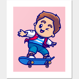 Cute Boy Playing With Skateboard Cartoon Posters and Art